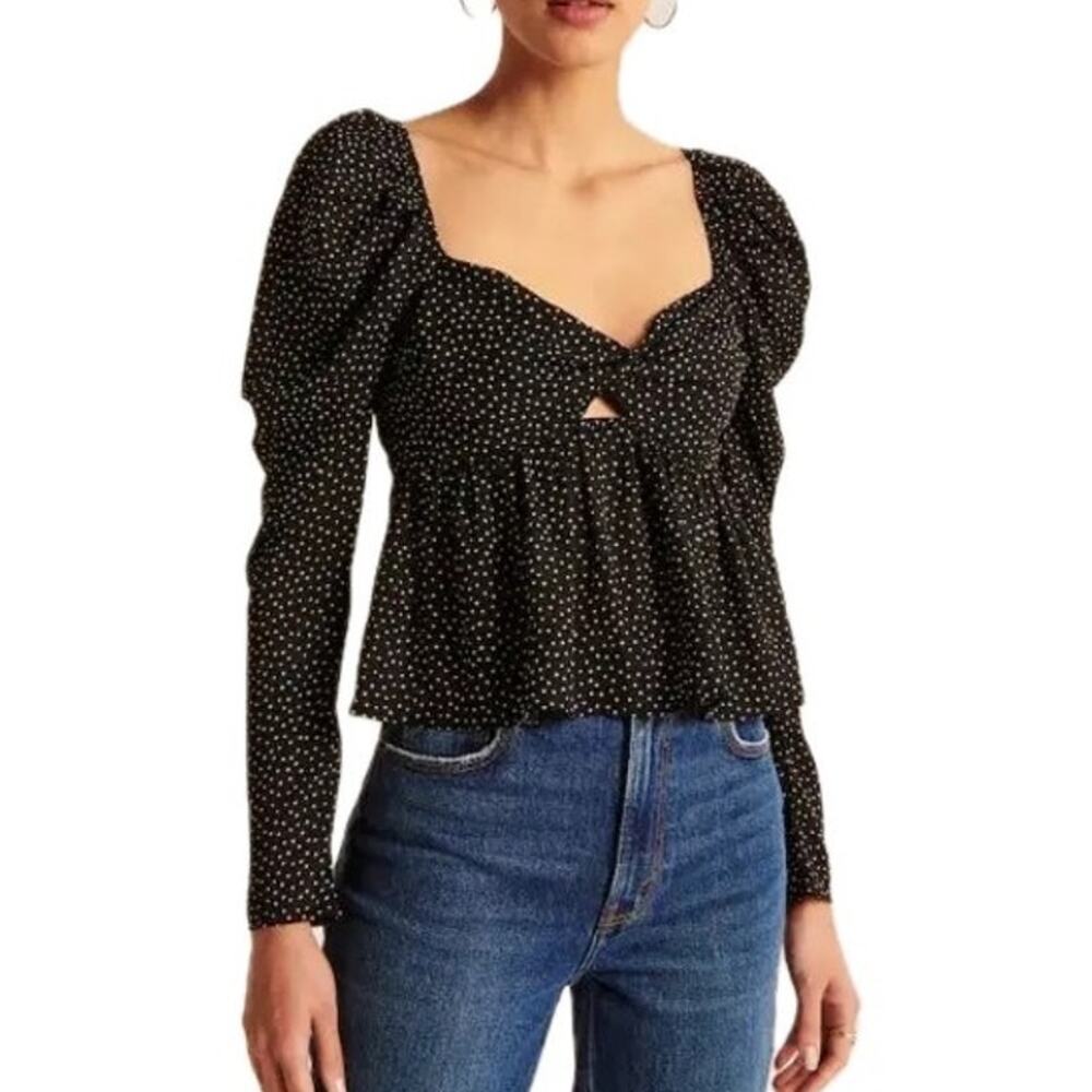Abercrombie & Fitch Black and White Polka Dot Smocked Back Babydoll Top